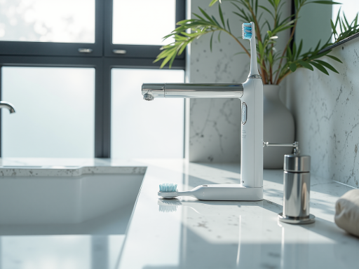 CURBLEABLUE智能牙刷消毒器产品展示，白色简约设计，LED显示屏，紫外线消毒功能，现代家居环境